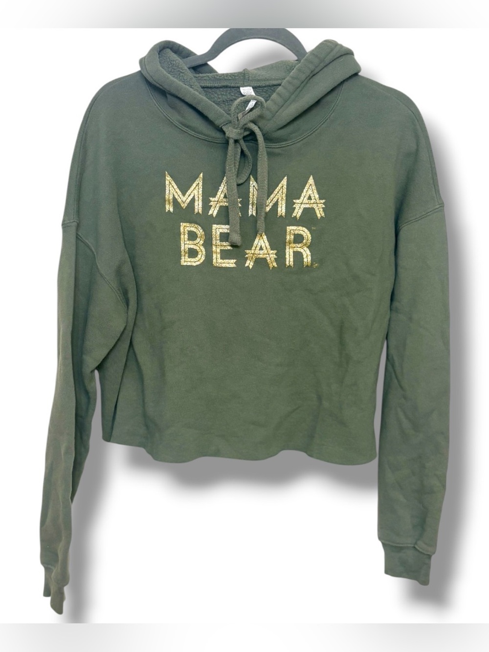 Mama Bear size L Cropped Army Green Hoodie Sweatshirt